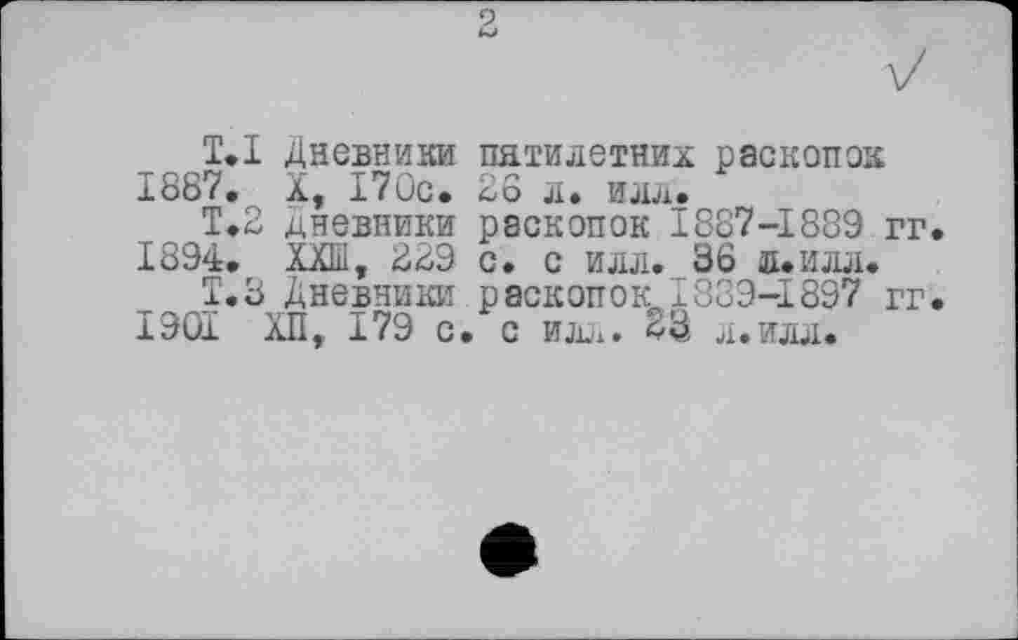 ﻿T.I дневники пятилетиях раскопок 1887, X, 170с» 26 л* илл.
Т.2 дневники раскопок 1887-1889 гг 1894. ХХШ, 229 с. с илл. 36 л.илл.
„ Т.З дневники раскопок 1889-1897 гг 1901 ХП, 179 с. с илл. 23 л.илл.